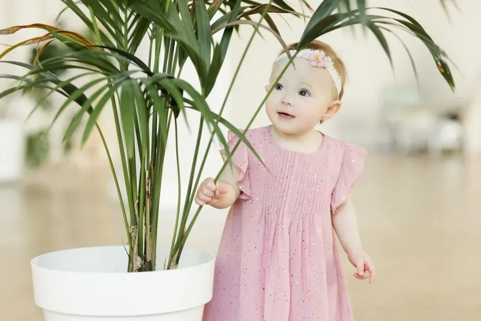 A baby girl wearing pink dress