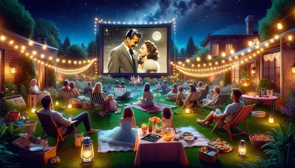 A backyard setting where families and friends come together for a movie night, watching a classic film on a large projector screen, and the fun is extended with interactive movie trivia questions.