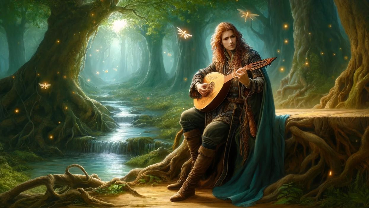 A bard with auburn hair plays a lute in an enchanted forest, surrounded by ancient trees and glowing fireflies.