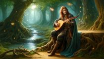 A bard with auburn hair plays a lute in an enchanted forest, surrounded by ancient trees and glowing fireflies.