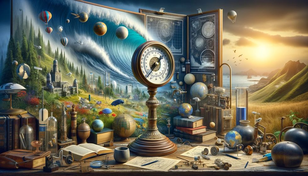 A barometer stands at the center of a scene filled with books, symbolizing the discoveries at the heart of physics.