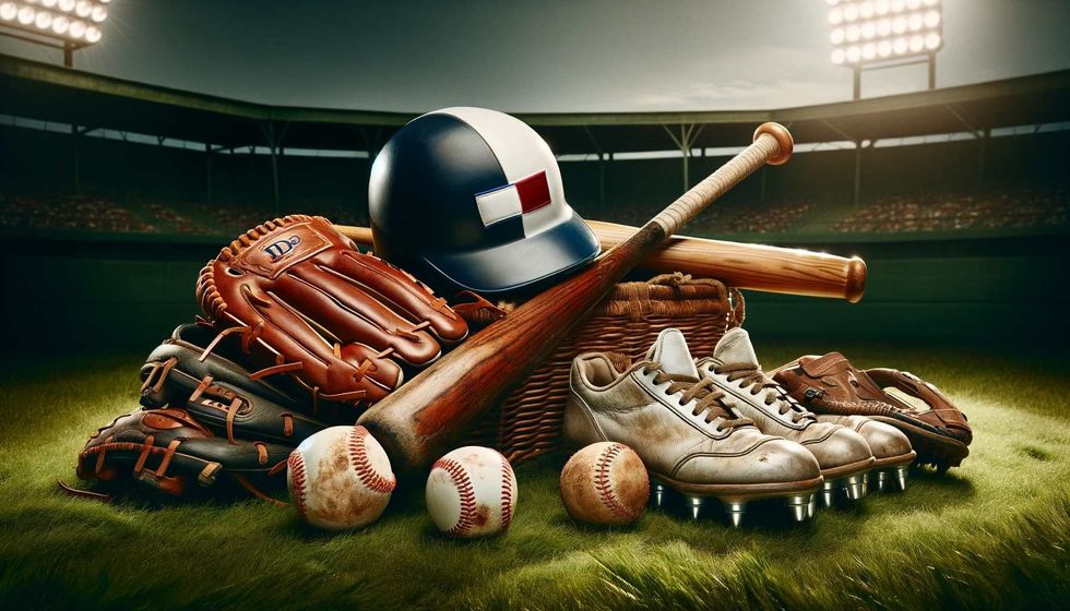 A baseball helmet, bat, gloves, boots, and other items arranged atop each other on a field.