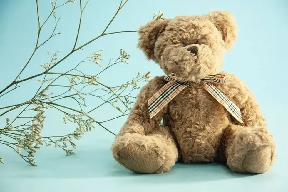 A brown teddy on a blue background
