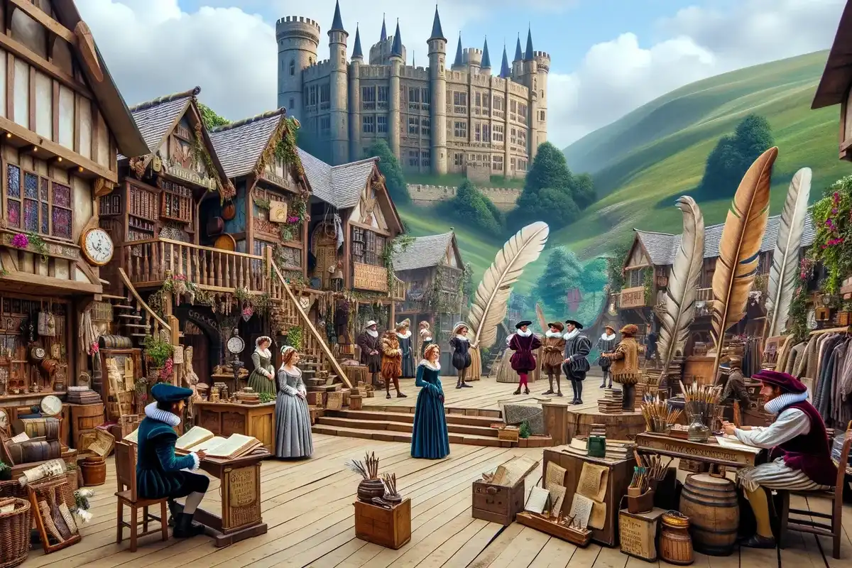A bustling Elizabethan marketplace embodying the essence of Shakespeare puns and jokes.