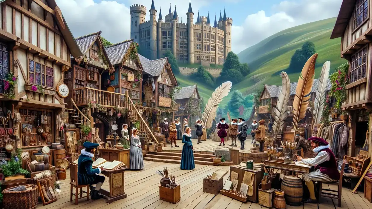 A bustling Elizabethan marketplace embodying the essence of Shakespeare puns and jokes.