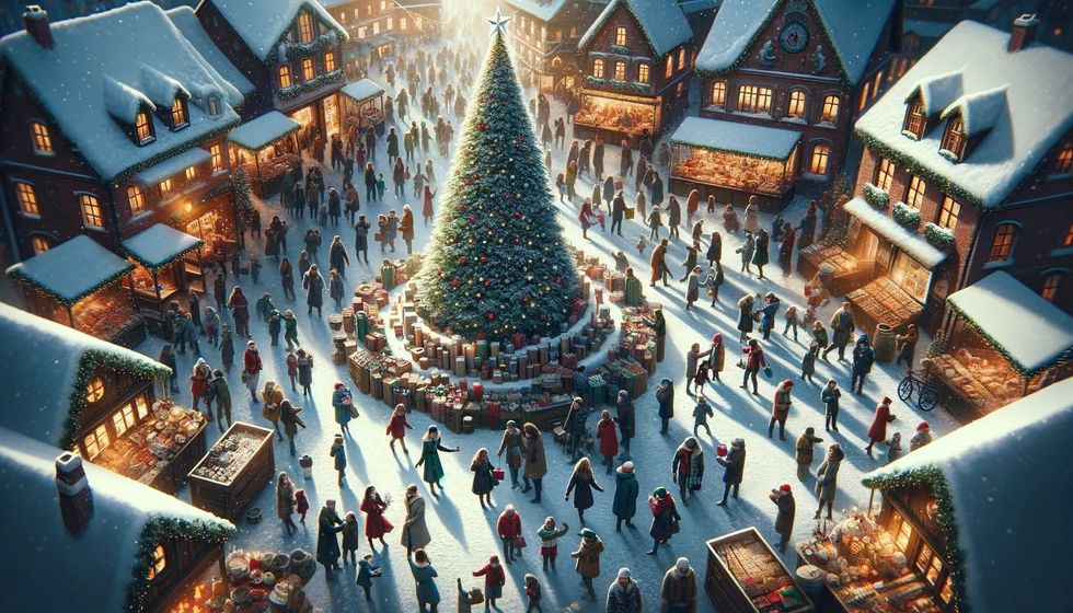 A bustling snowy village square with people of all ages exchanging gifts by a large Christmas tree.