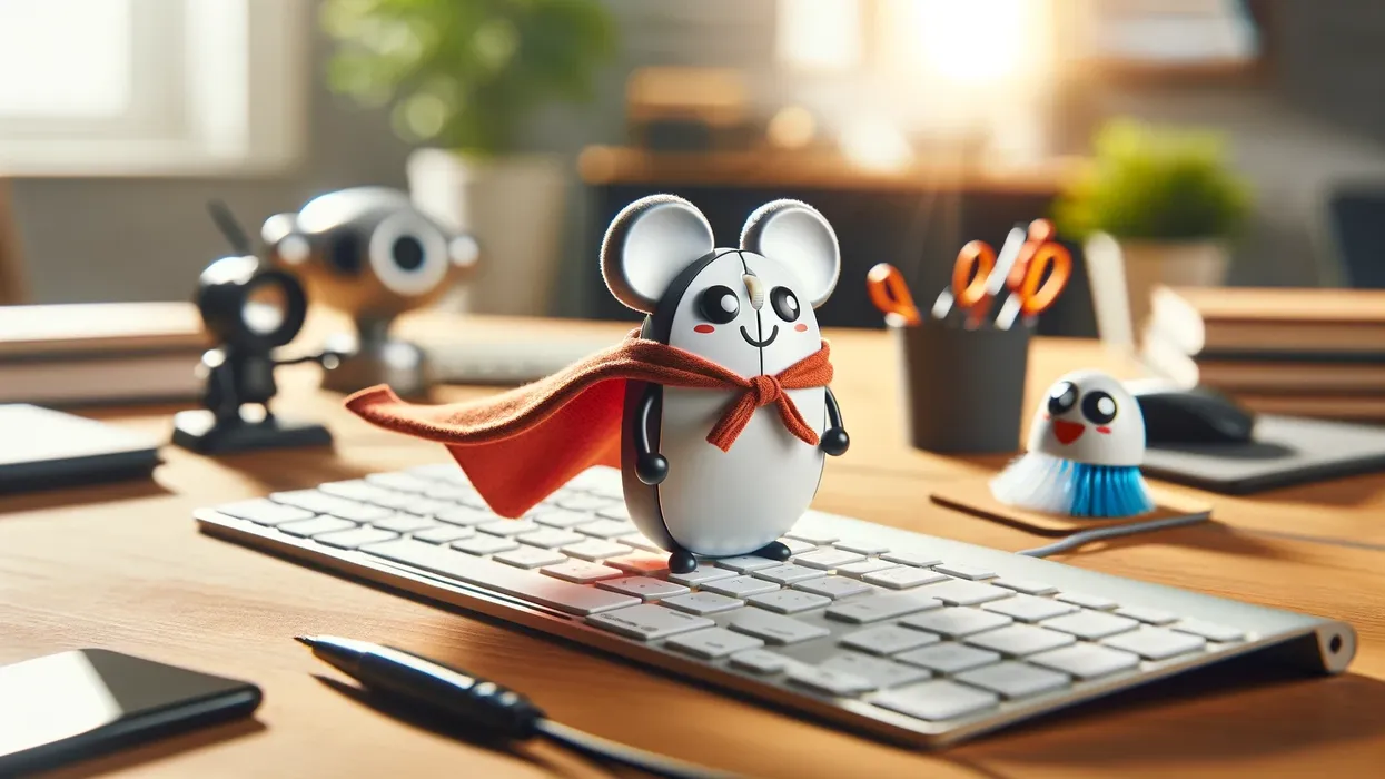 A cartoon mouse with a cape stands on a keyboard, other gadgets looking on.