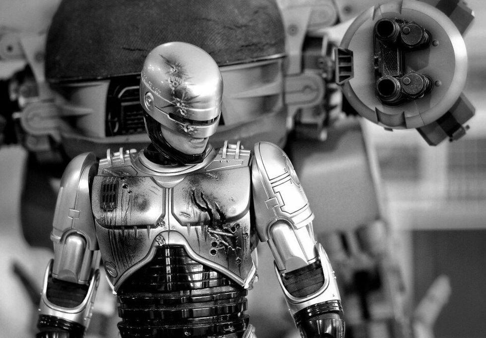  A Character of RoboCop or Alex Murphy realistic model in robot movie on display shelf.