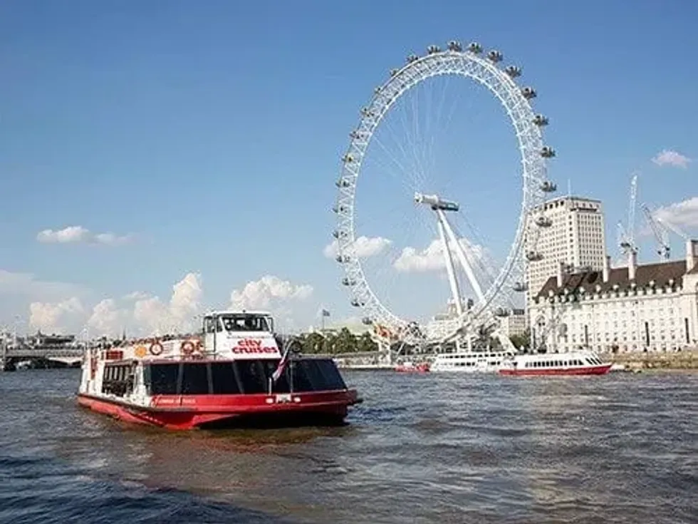 A city cruises boat on a tour, with the London Eye behind it.