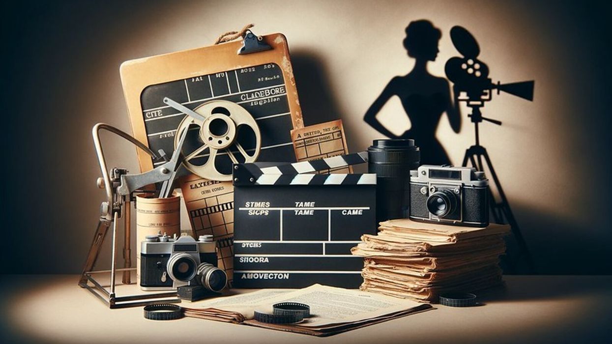A clapperboard, acting scripts, a shooting camera, and a silhouette of an actress.