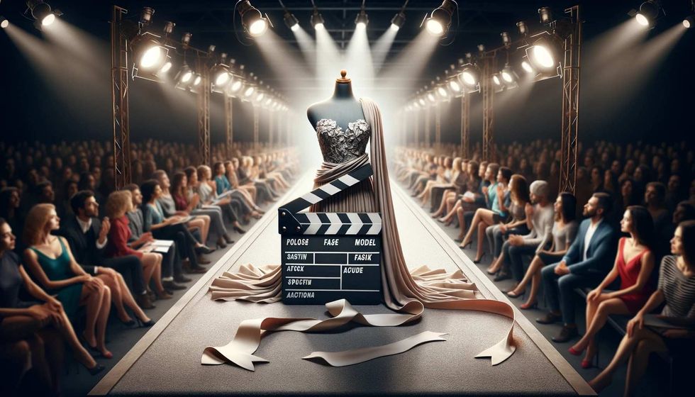 A clapperboard in front of a dress on a runway, surrounded by people.
