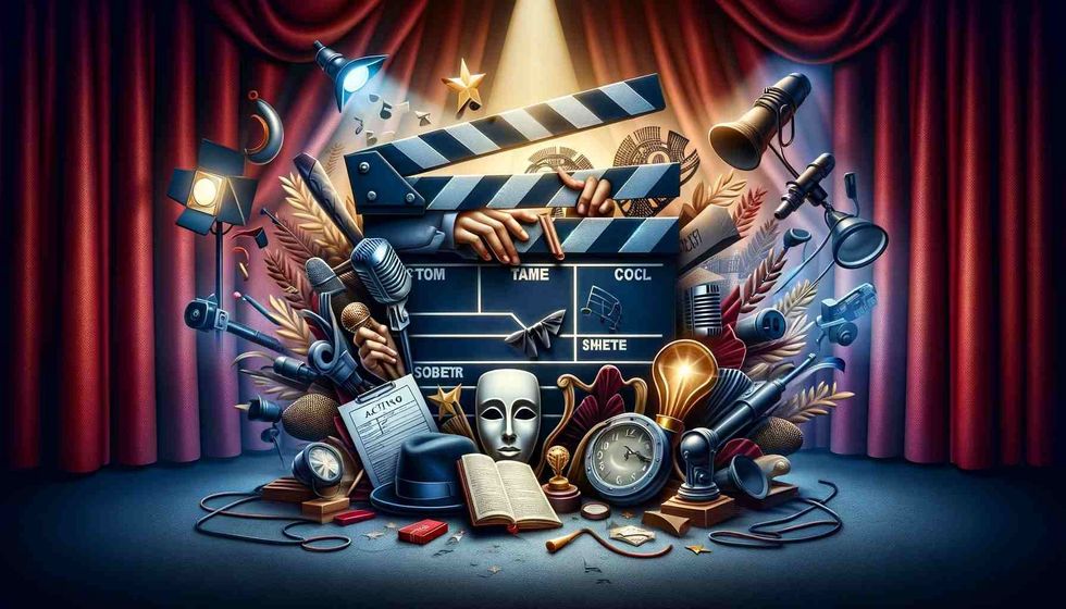 A clapperboard on a stage with masks, microphones, studio lights, a book, an acting script, and other things around it.