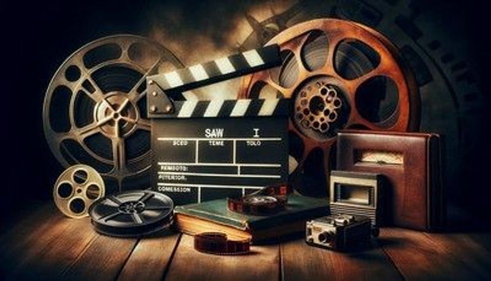 A clapperboard with 'Saw I', a vintage video recorder, and film reels