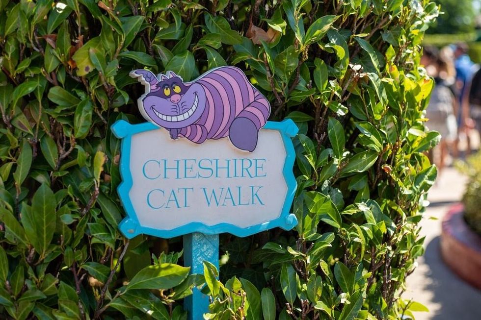A close-up view of a Disneyland Paris Cheshire Cat Sign in Paris