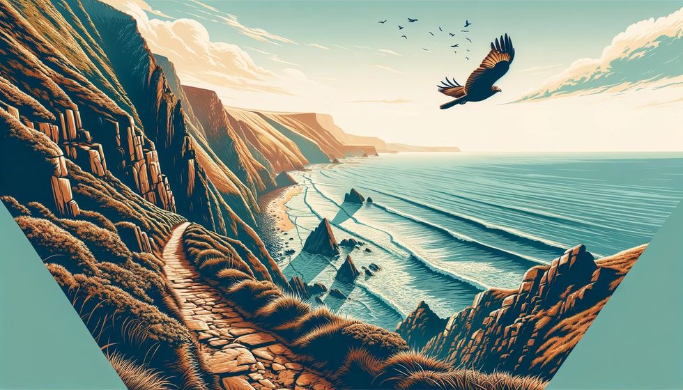 A coastal trail with a soaring bird of prey, showing the adventure in facts about hiking worldwide.
