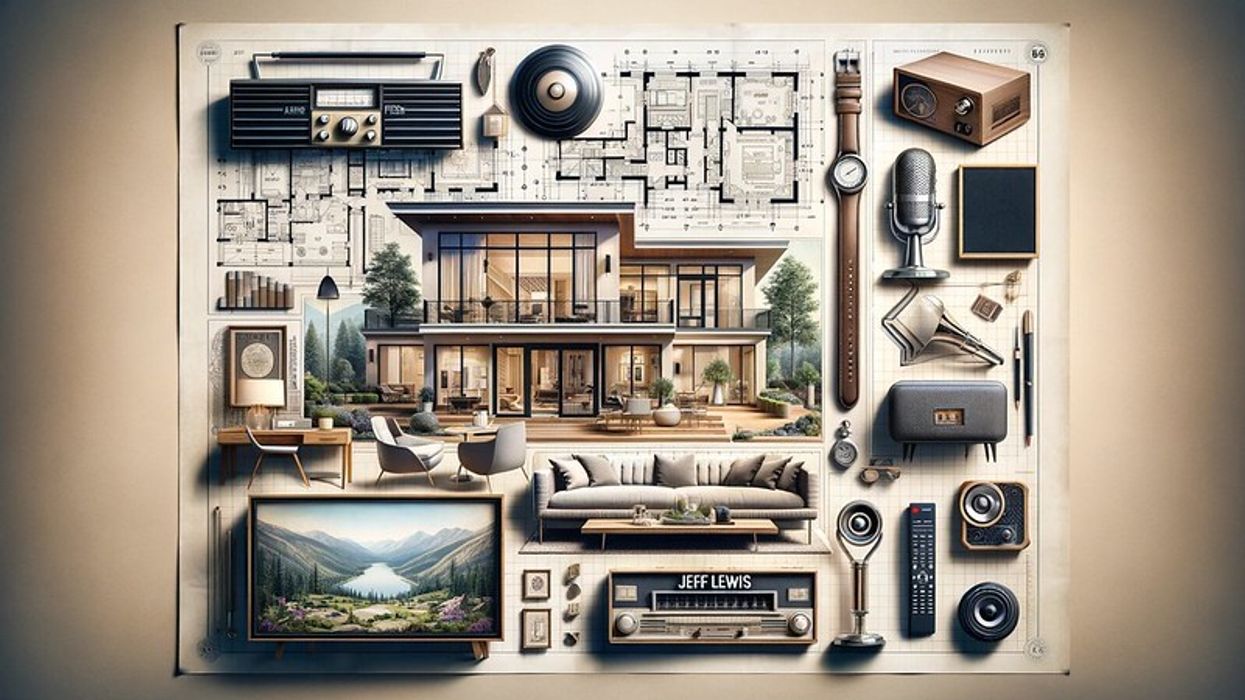 A collage featuring items associated with Jeff Lewis, including a luxury home blueprint, a modern living room interior, a television, and a radio with the name 'Lewis' displayed.