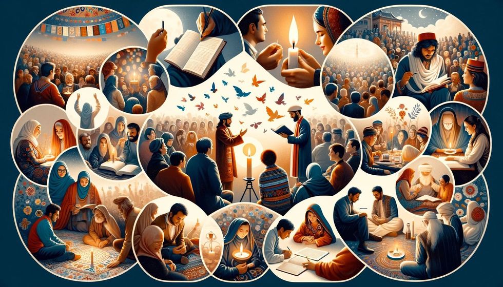 A collage showing diverse people sharing poems in a circle, a hand passing a book, a candlelit reading, and small groups writing together.