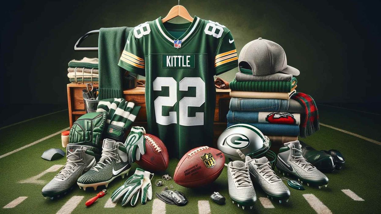 A collection of American football gear and NFL merchandise, including a helmet, gloves, cleats, jersey, football, caps, and scarves, arranged on a background resembling a football field.