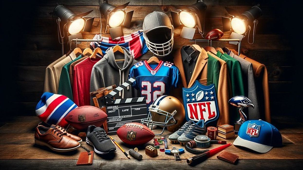 A collection of items including football equipment, NFL merchandise, and acting props arranged artistically on a wooden background with a spotlight effect.
