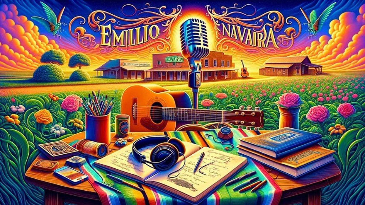 A colorful composition celebrating Emilio Navaira, with a music studio setup, songwriter tools, a guitar, and the name 'Emilio Navaira' prominently featured in a traditional Tejano-inspired setting.