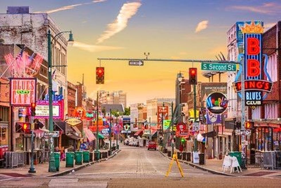 A colorful depiction of Blues clubs on Beale Street at dawn in downtown Memphis, Tennessee