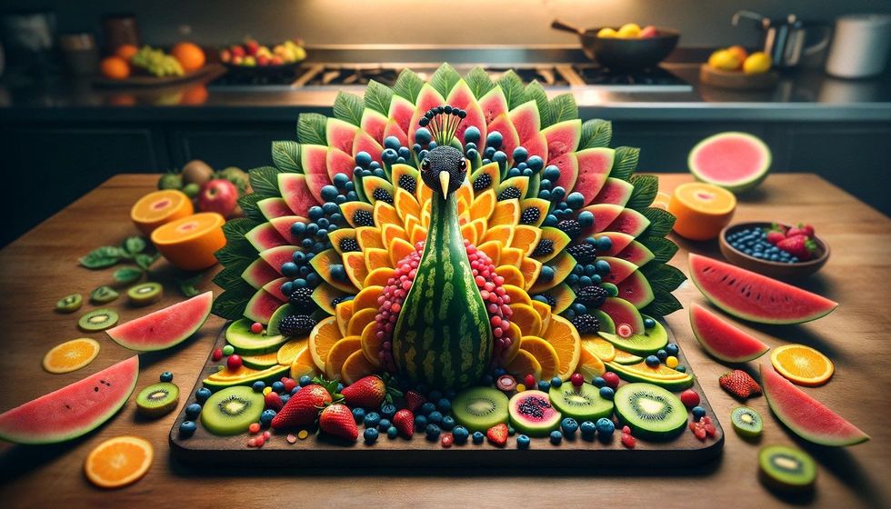A colorful food art display of a peacock made from various fruits in a kitchen setting.