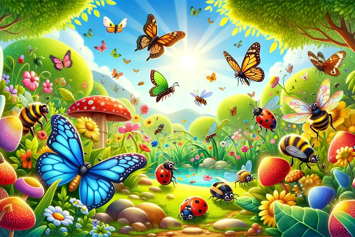 A colorful garden scene showcasing diverse insects, highlighting engaging insect facts for kids.
