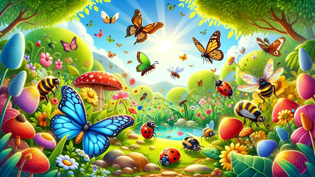 A colorful garden scene showcasing diverse insects, highlighting engaging insect facts for kids.