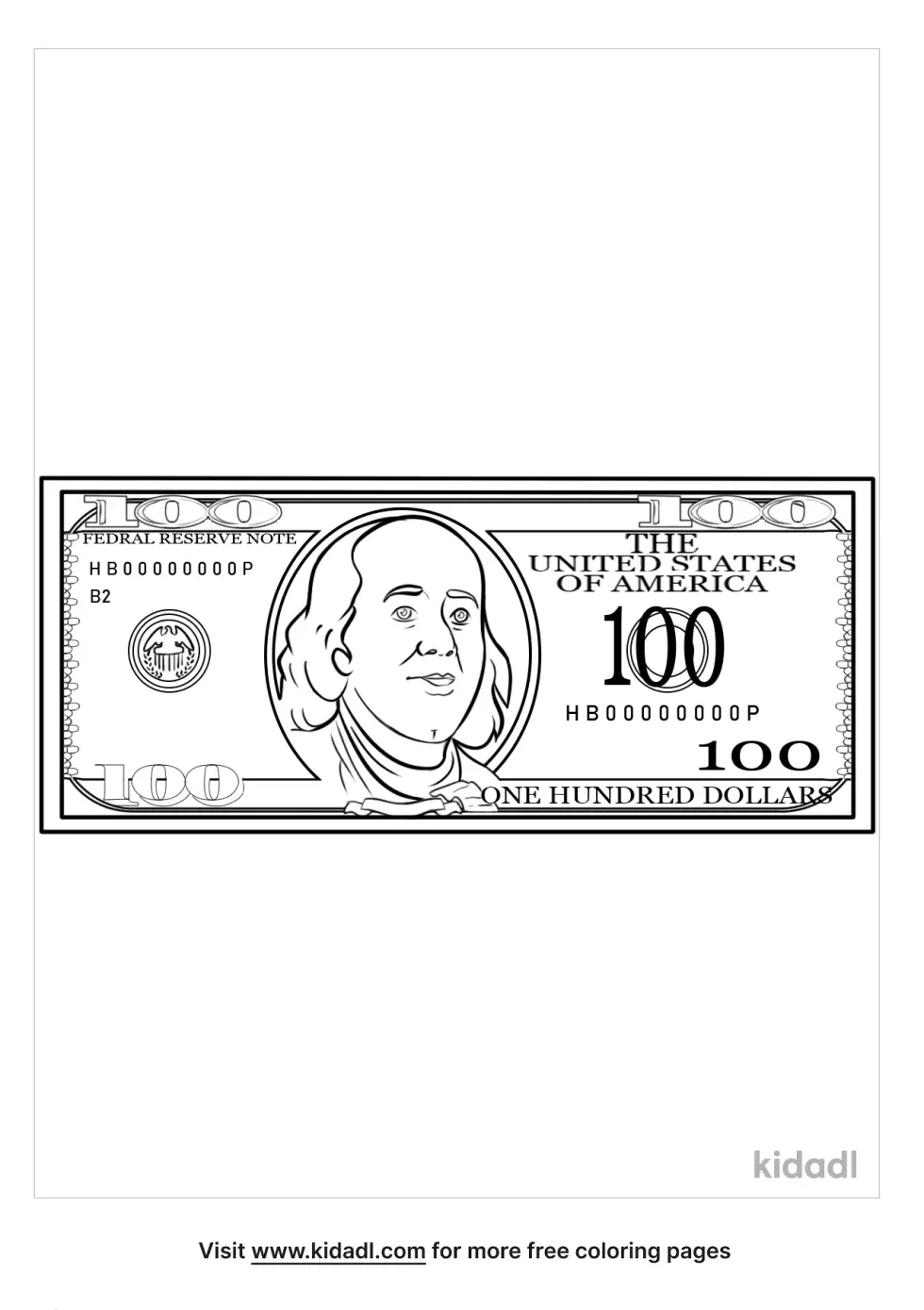 A coloring image showing a 100 US dollar bill