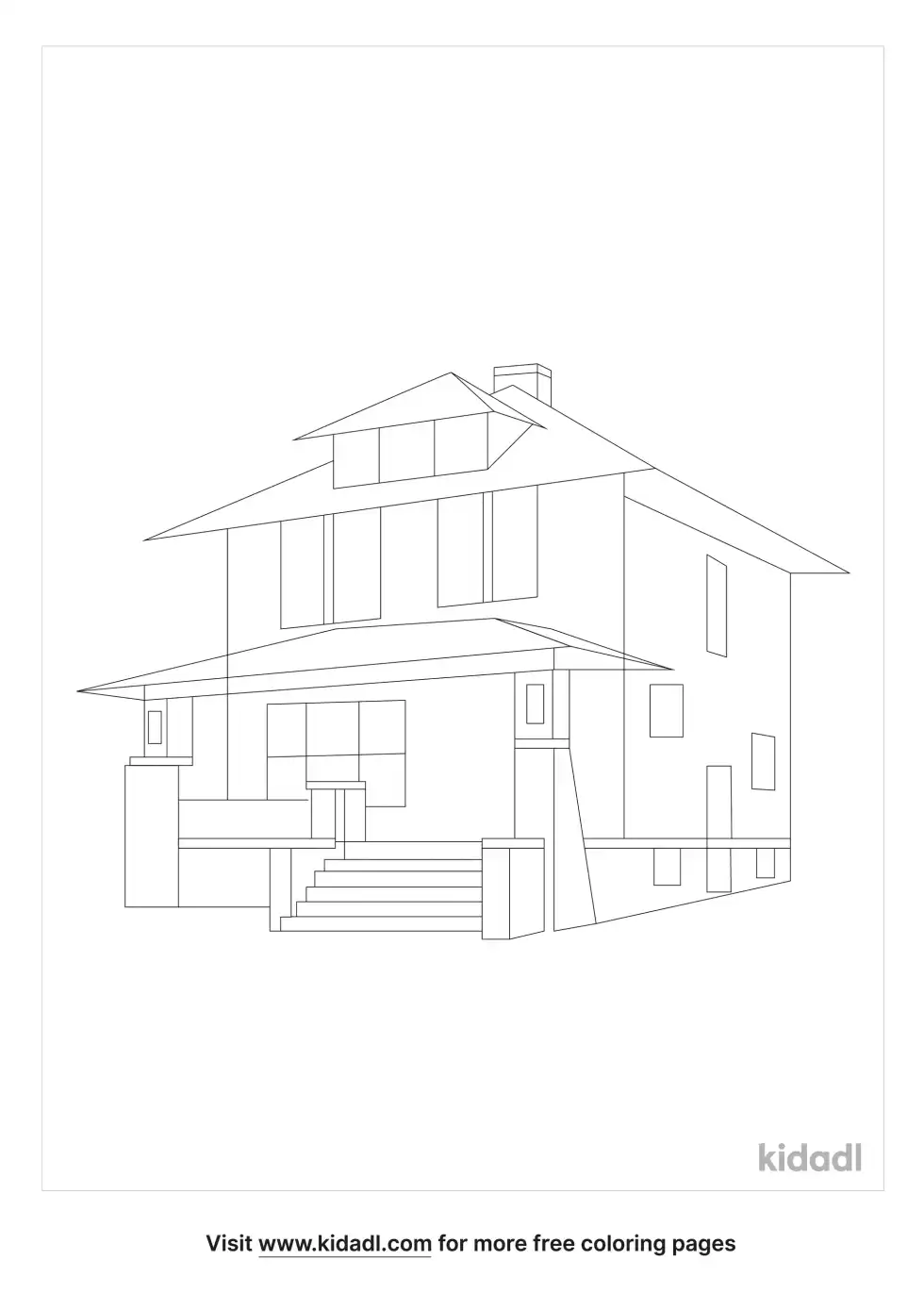 A coloring image showing  a 2-story building