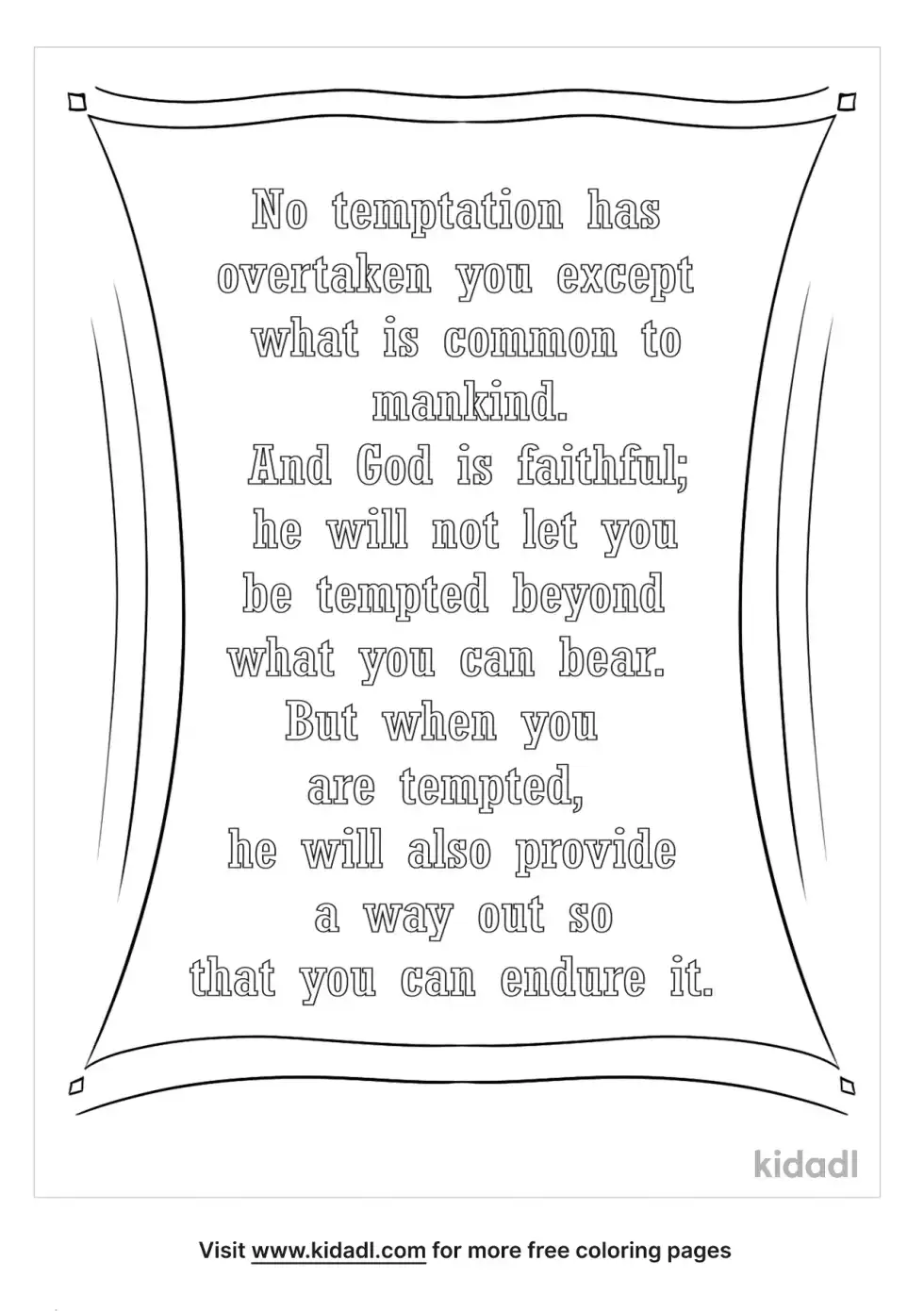 A coloring image showing the words of the bible in 1 Corinthians chapter 10 verse 13