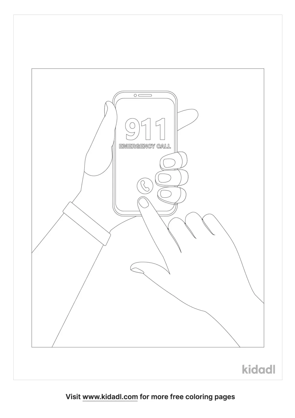 A coloring page showing a pair of hands dialing 911 from a mobile phone