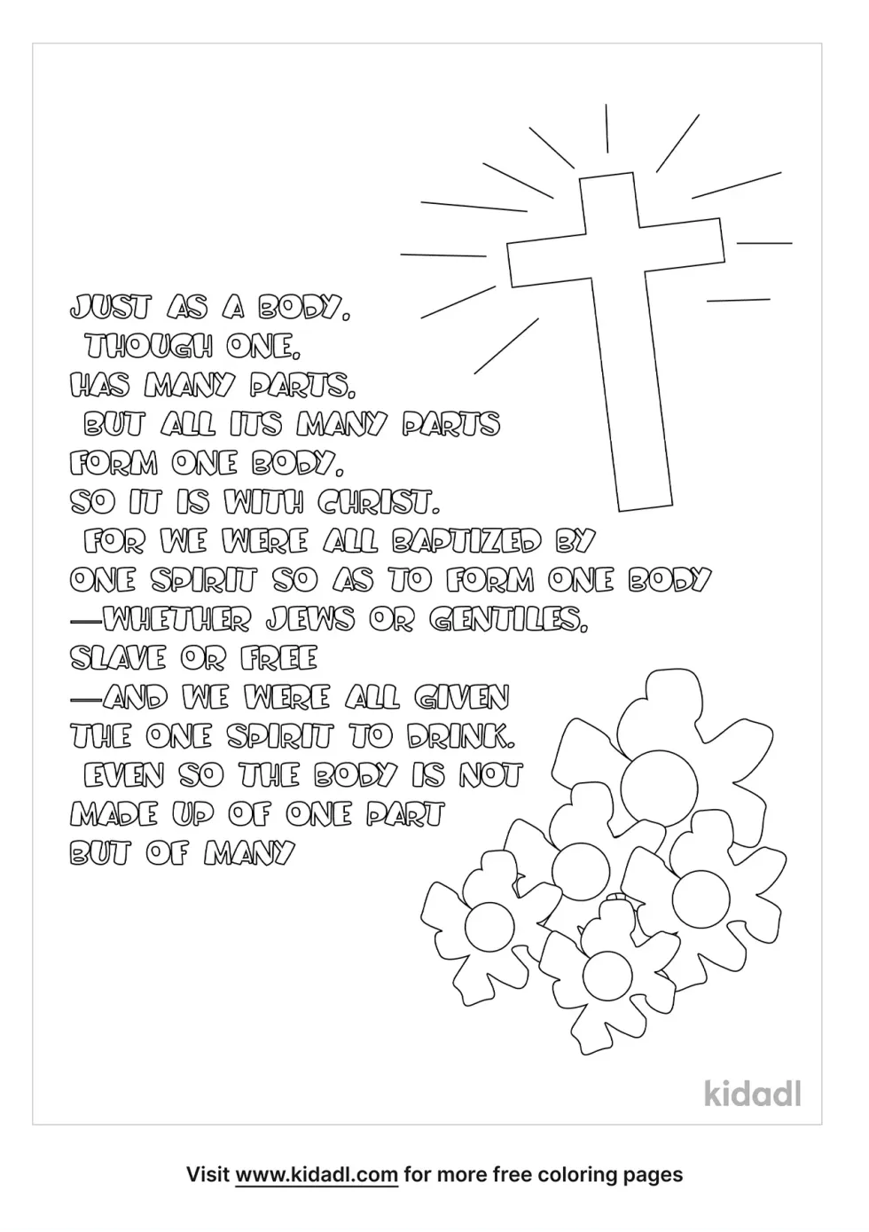 A coloring page showing the text in 1 Corinthians 12:12-14, with a cross and flowers at its edges
