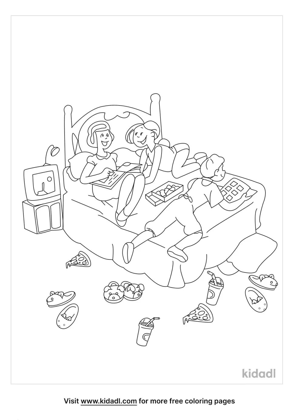 A coloring picture of three girls on a bed having a sleepover