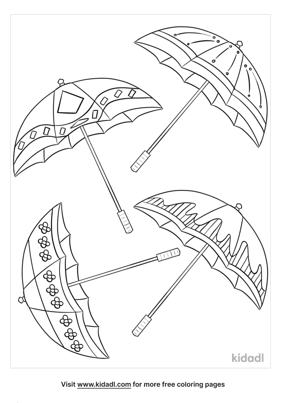 A coloring picture showing 4 umbrella images