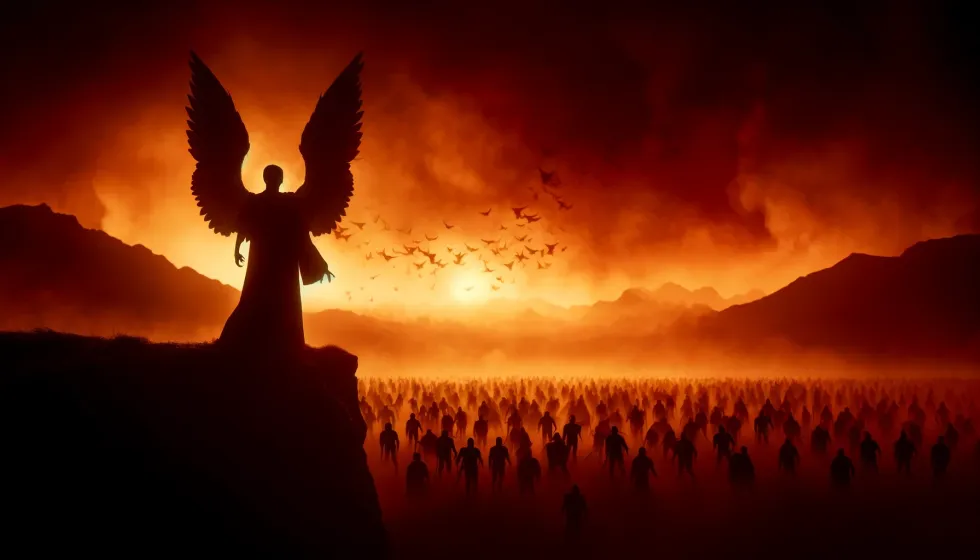 A commanding angel on a cliff overseeing legions of demons against a fiery backdrop.