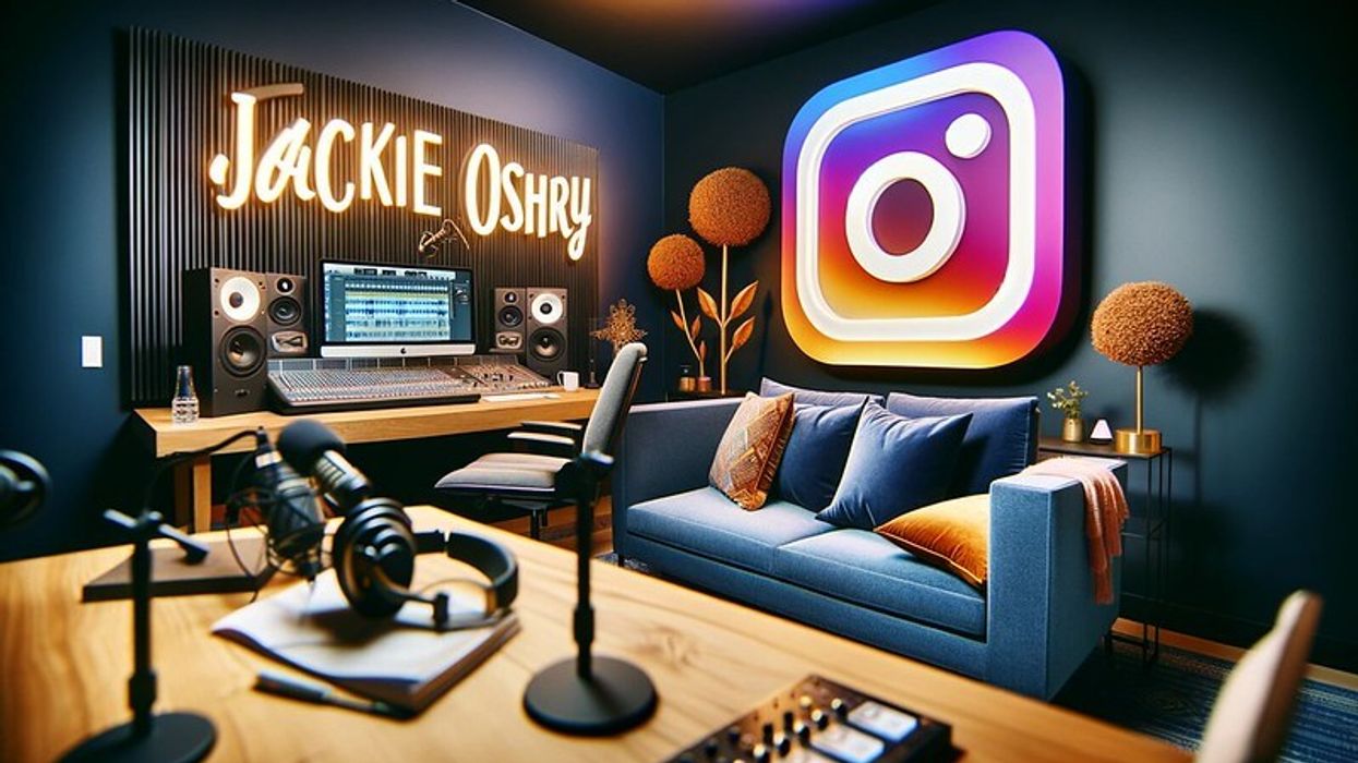 A contemporary podcast studio with the Instagram logo and JACKIE OSHRY prominently displayed, reflecting the vibrant and professional persona of an American podcast host and Instagram star.