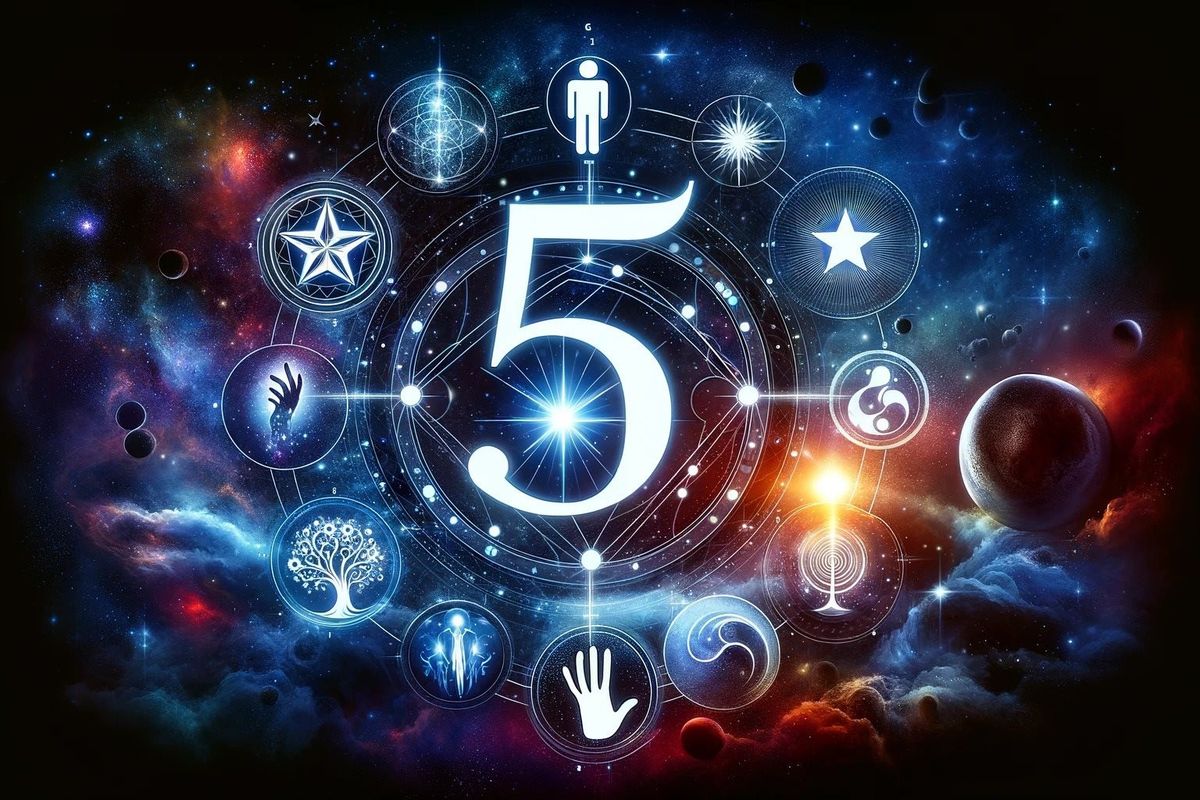 A cosmic representation of the number 5, surrounded by symbols including a pentagon, star, human figure, tree, and a hand with five fingers, set against a nebula sky.