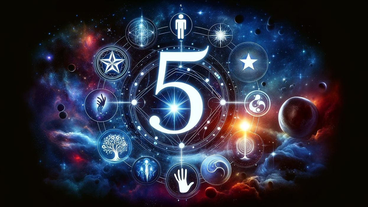 A cosmic representation of the number 5, surrounded by symbols including a pentagon, star, human figure, tree, and a hand with five fingers, set against a nebula sky.