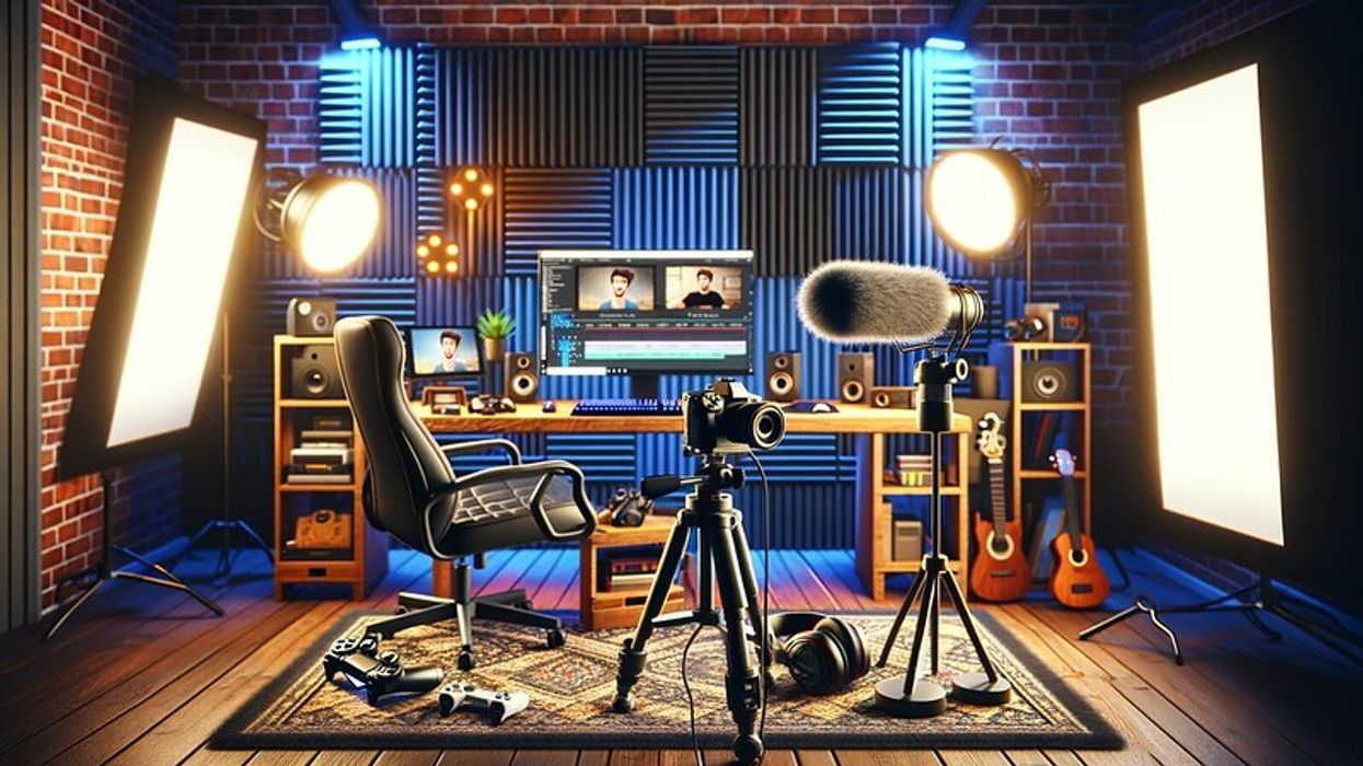A cozy and creative YouTuber's video studio featuring modern recording equipment, a gaming setup, and ambient LED lighting.