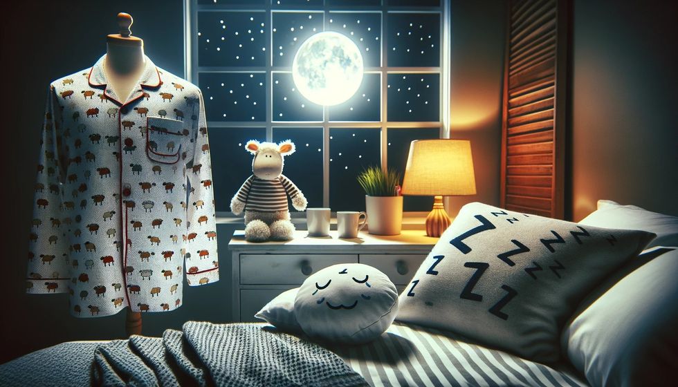 A cozy bedroom at night, perfectly setting the stage for sleep jokes.