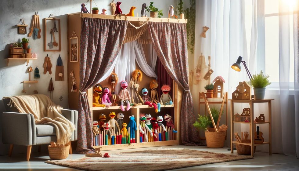 A cozy corner of a home showing a makeshift puppet theater stage made of cardboard and draped with colorful fabric, with various puppets ready backstage.
