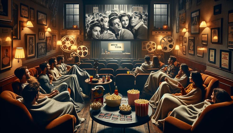 A cozy gathering of friends for a classic movie marathon in a living room adorned with vintage cinema seats and film d\u00e9cor.