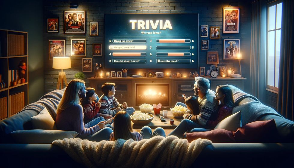 A cozy living room scene where a family is warmly gathered around the TV, engaging in lively movie trivia questions
