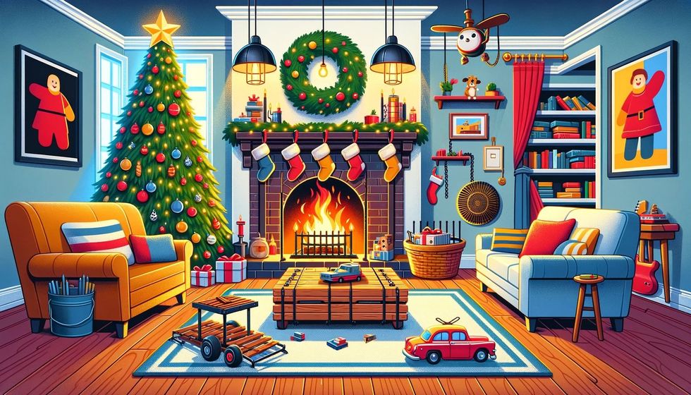 A cozy living room scene with holiday decorations and toys on the floor.