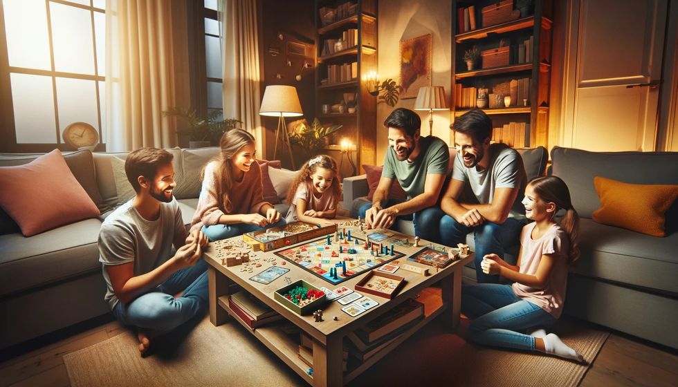 A cozy scene of a family gathered around a table playing board games.