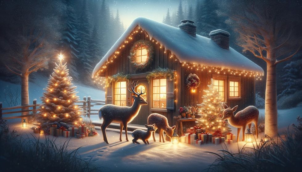 A cozy winter cabin at dusk with deer gathering around a decorated tree outside, under which small glowing gifts are placed.