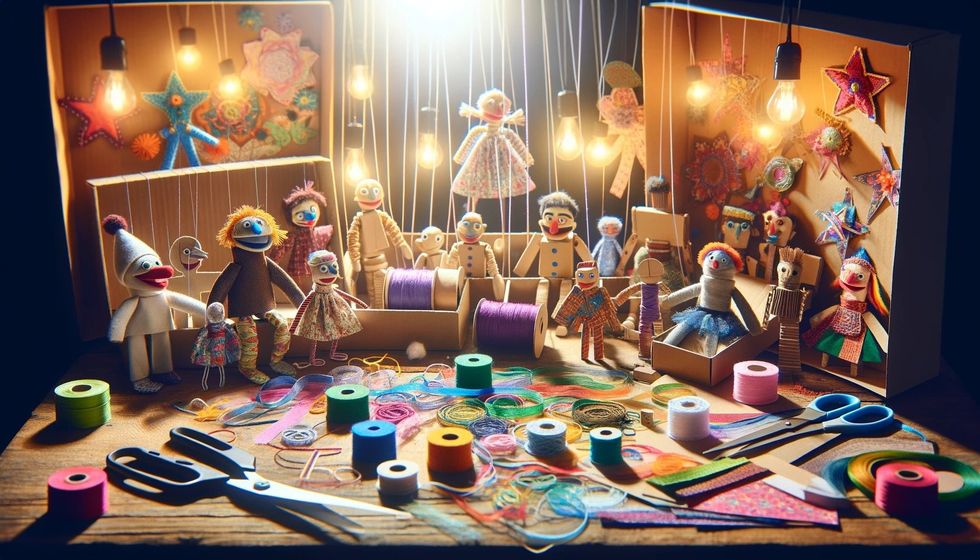 A craft table with handcrafted puppets, colorful ribbons, threads, and pieces of cardboard, highlighting a DIY puppet-making process.