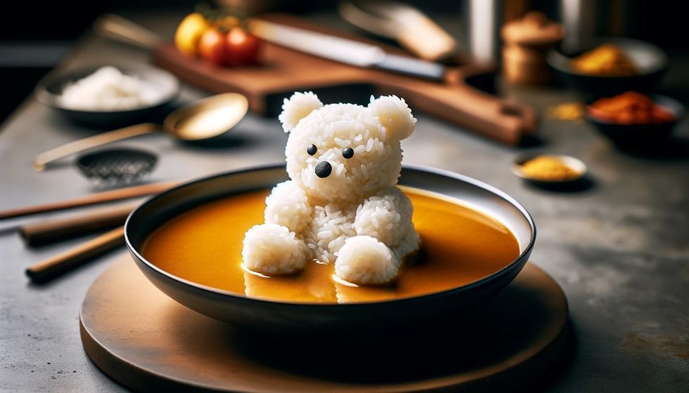 A creative food art presentation of a rice teddy bear enjoying a curry bath in a kitchen setting.