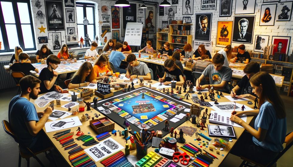 A creative workshop scene where people are crafting DIY movie trivia board games, surrounded by a large table with art supplies and buzzing with discussions about movie trivia questions."